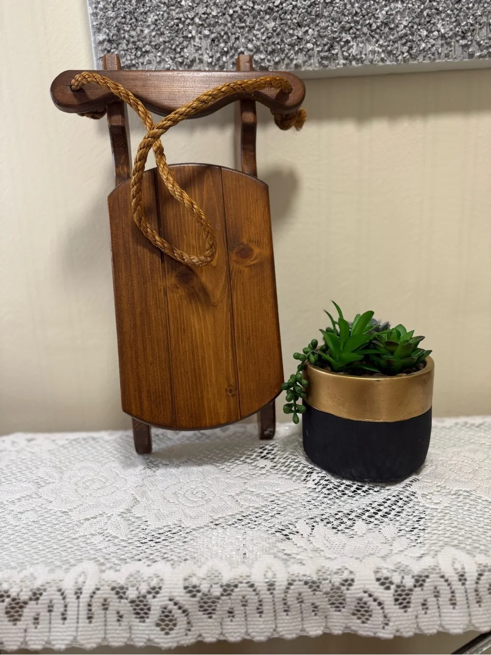 Rustic Brown Wood Sled Wall Accent with Rope
